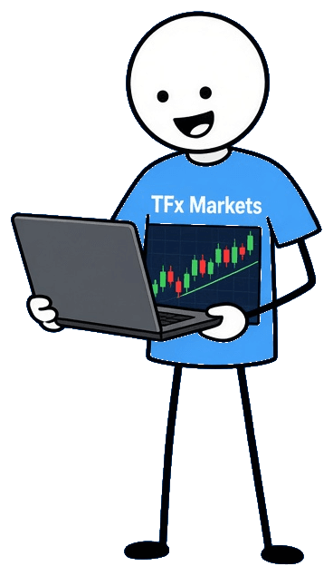 Smiling stick figure in a TFx Markets shirt, trading a chart on a laptop